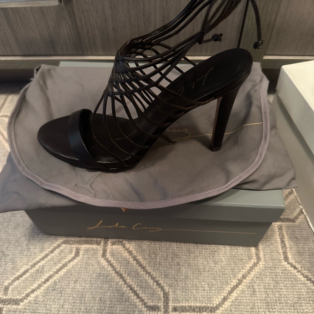 Black Suede Stiletto Heels with Strappy Design